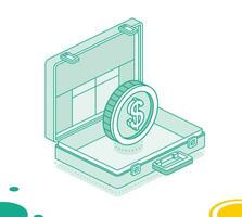 Business briefcase with dollar coin. Isometric outline concept. 3d object. vector