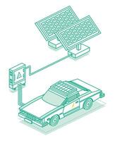 Electric car charging on renewable energy. Electricity scheme with transformer and solar panels. Isometric outline concept. Vehicle on renewable solar panel energy. vector