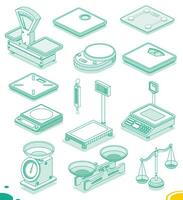 Electronic and mechanical scales for weight measuring. Market or kitchen digital measuring instrument. Set of objects. Isometric outline object isolated on white. vector