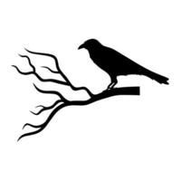 Vector silhouette of a crow perched on a dry tree branch. Element for Halloween, wall decoration, wall sticker, A raven isolated on a white background.