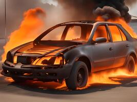 AI generated car burning in the middle of the car. illustration. photo