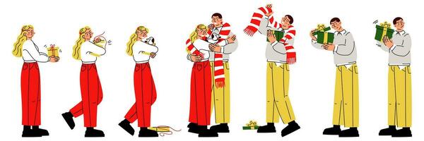 Set in which one guy and a girl in different poses open presents. Hugging from different sides in the center. New Year, Christmas, Valentine's Day. Gift Exchange Isolated vector, character collection vector