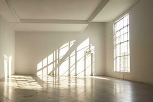 vacío blanco habitación con ventanas y sombra ai generativo foto