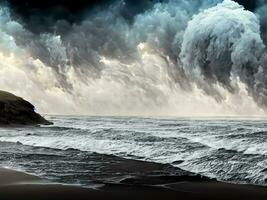 Tormentoso playa, rodeado por estrellarse olas y dramático nubes ai generativo foto