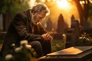 AI generated Sad senior man grieving the loss of his loved one on a cemetery on autumn evening. Depressed elderly man by the headstone of his wife in graveyard. All Saints Day. photo