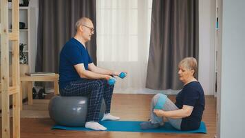 Senior couple in living room doing physical training on yoga mat and stability ball. Old person healthy lifestyle exercise at home, workout and training, sport activity at home photo