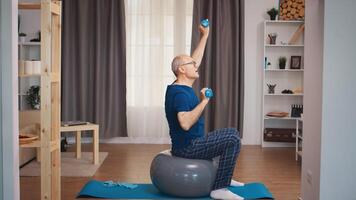 Senior man with vitality exercising using dumbbells in living room. Old person pensioner healthy training healthcare sport at home, exercising fitness activity at elderly age photo