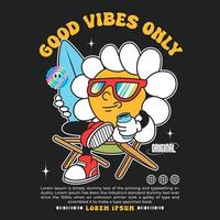 summer daisy flower groovy character 90s design illustration with slogan, retro cartoon character, flower cartoon vector