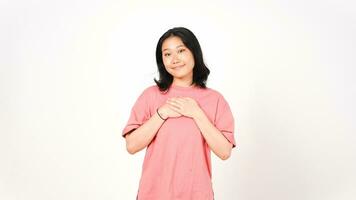 Hand On Chest Doing Grateful Gesture Of Beautiful Asian Woman Isolated On White Background photo