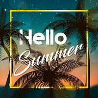 Hello Summer Sign, with Coconut Trees At Evening, Suitable For Summer Holiday and Beach Party, Vector Illustration