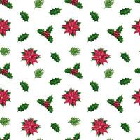 Christmas seamless pattern with holly berries branches and poinsettia flower Vector illustration of seamless background. Christmas decoration for holiday patterns, packaging, designs, wrapping