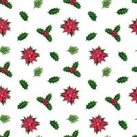 Christmas seamless pattern with holly berries branches and poinsettia flower Vector illustration of seamless background. Christmas decoration for holiday patterns, packaging, designs, wrapping