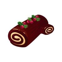 Chocolate Yule log cake vector illustration. Traditional Christmas cake isolated on white background. Decorative detailed sweet dessert element for holiday patterns, packaging, design