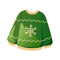 Green knitted sweater with Christmas ornament. Bright vector illustration of woolen clothing isolated on white background. Detailed Christmas decoration element for holiday patterns, packaging, design