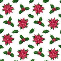 Christmas seamless pattern with holly berries branches and poinsettia flower Vector illustration of seamless background. Christmas decoration for holiday patterns, packaging, designs, wrapping