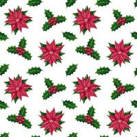 Christmas seamless pattern with holly berries branches and poinsettia flower Vector illustration of seamless background. Christmas decoration for holiday patterns, packaging, designs, wrapping