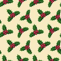Christmas seamless pattern with holly berries branches and poinsettia flower Vector illustration of seamless background. Christmas decoration for holiday patterns, packaging, designs, wrapping