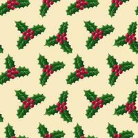 Christmas seamless pattern with holly berries branches and poinsettia flower Vector illustration of seamless background. Christmas decoration for holiday patterns, packaging, designs, wrapping