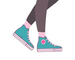 Legs of a girl in sneakers.  Modern fashionable shoes for jogging and sports. Comfortable running shoes. vector