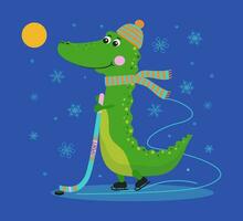 Cheerful cartoon Crocodile hockey player with a hockey stick and a hockey puck. Winter sport. Holiday decor. Crocodile in warm knitted clothes, hat and scarf. Winter accessories. vector