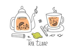 conjunto de caliente sano té beber. jarra y tetera. dibujos, garabatos té en un taza, tetera, especias, limón. invierno estación. vector ilustración de té hora iconos