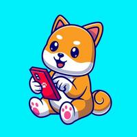 linda shiba inu perro operando teléfono dibujos animados vector icono ilustración. animal tecnología icono concepto aislado prima vector. plano dibujos animados estilo