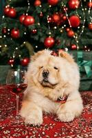 The chow chow puppy is lying on the floor. Dog with christmas gift boxes. Merry Christmas and Happy New Year concept. High quality photo