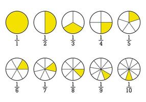 Fraction pie divided into slices. Segmented circles set. Wheel round diagram part set. Segment infographic. Info chart. Mathematic sign. Business set. Vector illustration.