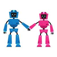 Cute cartoon robots male and famale holding hands isolated on white background. Funny futuristic bots boy and girl with smiling friendly face and screen. Humanoid machine, Adorable cyborg. Vector. vector