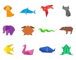 Origami japanese animals set. Modern hobby. Polygon folded paper color figure toy. Art of paper folding. Cartoon geometric wild animal shaped figures. Vector illustration.