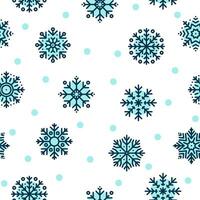 Seamless Christmas pattern with blue snowflakes on white background. Winter decoration. Happy new year, cold season snowfall. Vector illustration.