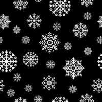 Seamless Christmas pattern with white snowflakes on black background. Winter decoration. Happy new year, cold season snowfall. Vector illustration.
