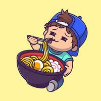 Cute Boy Eating Ramen Cartoon Vector Icon Illustration.  People Food Icon Concept Isolated Premium Vector. Flat  Cartoon Style