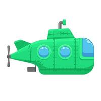 Green submarine with periscope isolated on white background. Underwater ship, bathyscaphe floating under sea water. Vector illustration.