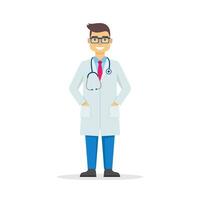 Doctor or practitioner with stethoscope at work, hospital or clinic staff. Medicine worker wearing gown. Cartoon character of smiling doctor. Healthcare and medicine concept clip art. vector