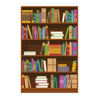 Brown wooden bookcase with books of library or bookstore isolated on white background. Book shelves with multicolored book spines. Education and knowledge, studying and learning. Vector illustration