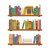 Interior bookshelves with multicolored books spines. Pile books on shelf with books of library or bookstore. Stack dictionary for education. Knowledge, studying and learning. vector