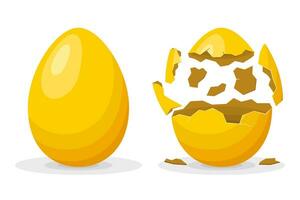 Golden whole and broken egg isolated on a white background. Gold chicken eggshell cracking. Cracked eggs with eggshell pieces. Easter elements design. Vector illustration.