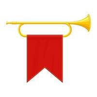 Golden horn trumpet musical instrument isolated on white background. Royal fanfare with triumphant flag for play music. Vector illustration.