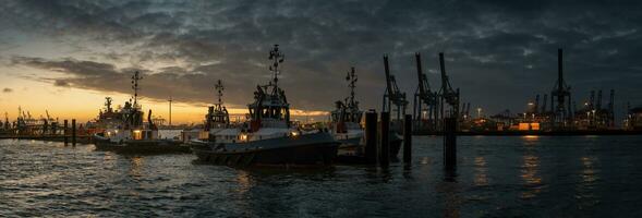 amanecer en el Puerto de hamburgo a un muelle para remolcadores foto