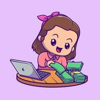 Cute Female Accountant With Laptop And Money Cartoon  Vector Icon Illustration. People Business Icon Concept  Isolated Premium Vector. Flat Cartoon Style