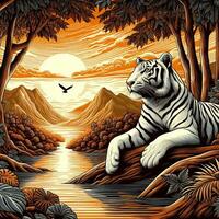 AI generated illustration of white tiger on nature, suitable for t-shirt design, block print style photo