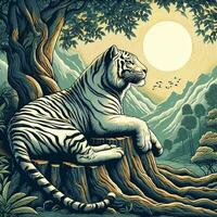 AI generated illustration of white tiger on nature, suitable for t-shirt design, block print style photo