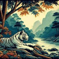 AI generated illustration of white tiger on nature, suitable for t-shirt design, block print style photo