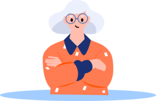 Hand Drawn old woman stands with her arms crossed with confidence in flat style png