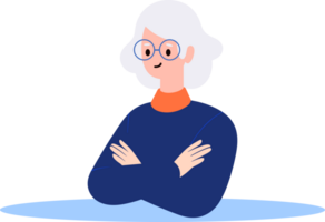 Hand Drawn old woman stands with her arms crossed with confidence in flat style png