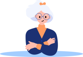 Hand Drawn old woman stands with her arms crossed with confidence in flat style png