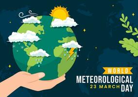 mundo meteorológico día vector ilustración en 23 marzo con tierra mapa, meteorología Ciencias y investigando clima en plano dibujos animados antecedentes