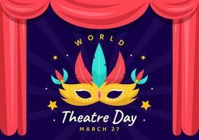 mundo teatro día vector ilustración en marzo 27 con máscara y rojo cortinas a preservar ejecutando letras y entretenimiento en plano dibujos animados antecedentes