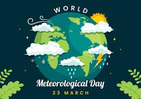 mundo meteorológico día vector ilustración en 23 marzo con tierra mapa, meteorología Ciencias y investigando clima en plano dibujos animados antecedentes